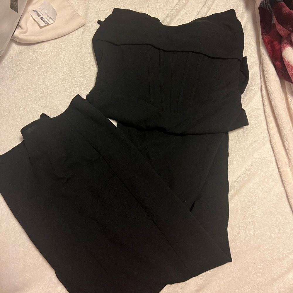 Strapless black corset dress long formal with slit and tie back